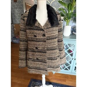 NWT Miss Me Fur Collar Brown Button-Up Pea Coat Sz. L